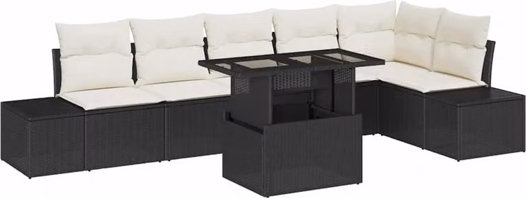 Set Divano da Giardino con cuscino 7 pcs Nero polyrattan