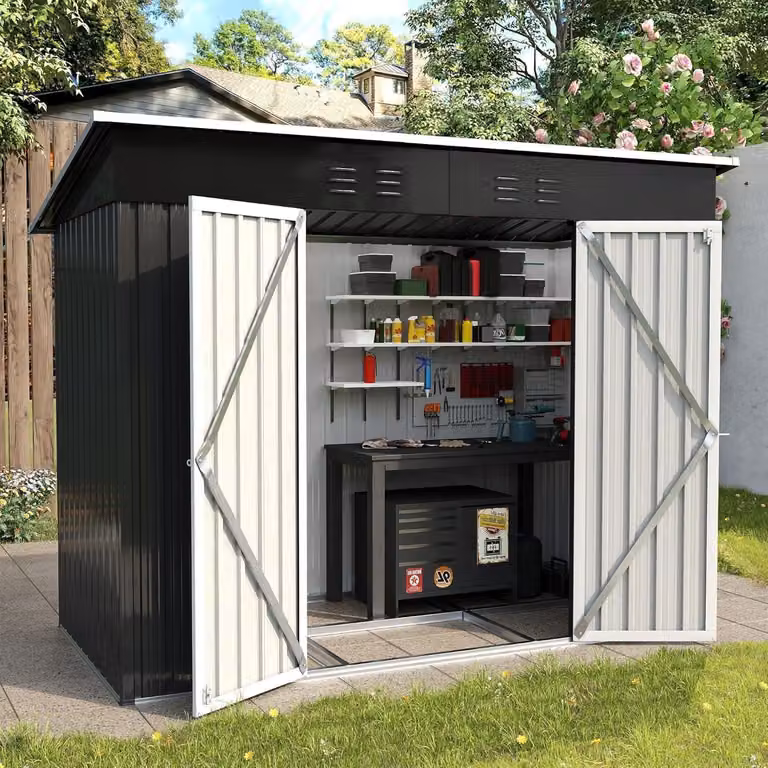 Capanno da giardino in metallo, volume di 4 m³, dimensioni 228x121x181 cm, colore grigio scuro, acciaio zincato, porta con serratura