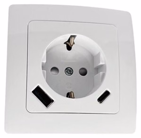 Stazione di ricarica Schuko con 2 porte USB (2x1A), bianca, ideale per la ricarica di dispositivi elettronici