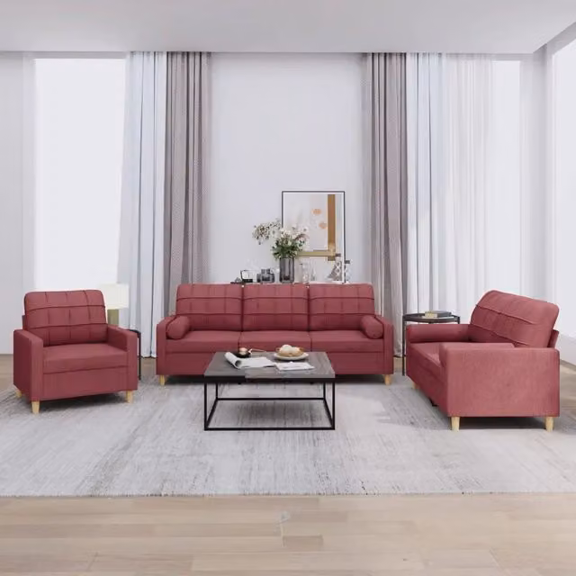 Set di divani da soggiorno moderno vidaXL in tessuto rosso composto da un divano a 3 posti e un divano a 2 posti con cuscini inclusi – 1