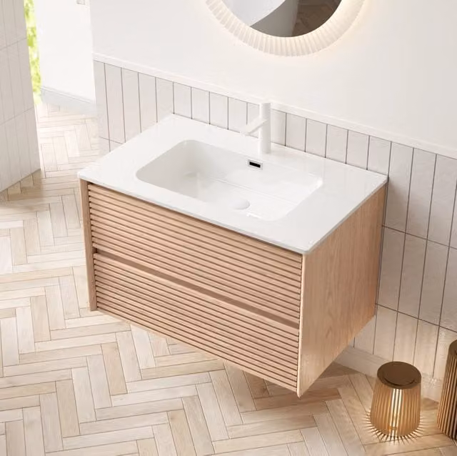 Mobile bagno con lavabo in ceramica bianca e 2 cassetti soft-close; finitura noce naturale