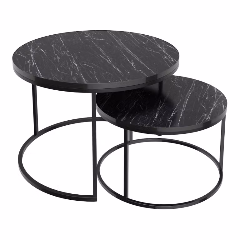 In And OutdoorMatch tavolino Jordy - set di 2 - rotondo - marmo nero e nero - truciolato e metallo - design elegante