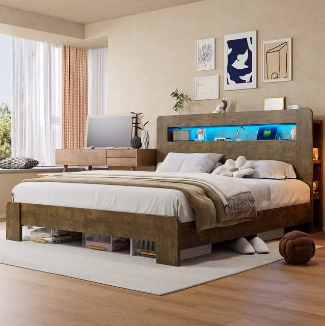 Letto matrimoniale 180x200 cm in legno con testiera contenitore, LED e prese