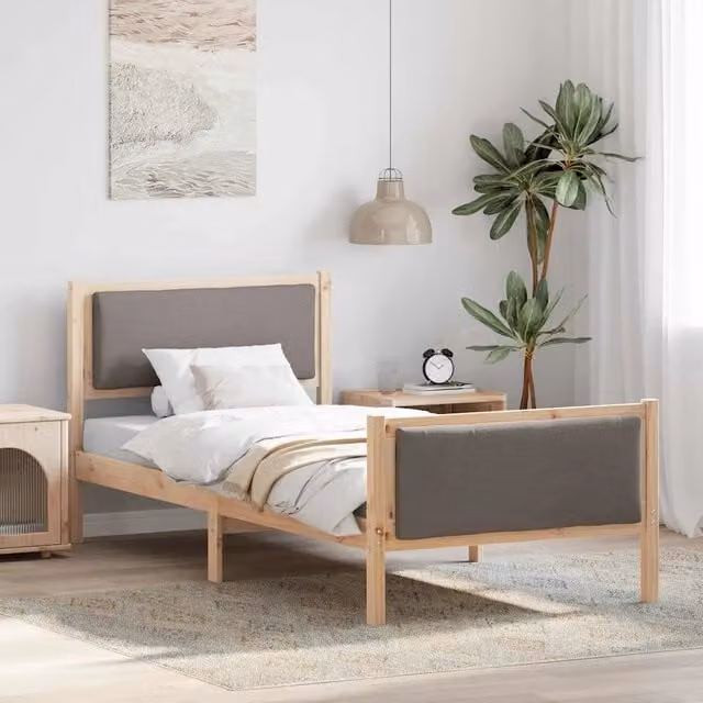 Letto con testiera e giroletto vidaXL in legno di pino e tessuto beige o grigio L/P/H: 90 x 190 cm