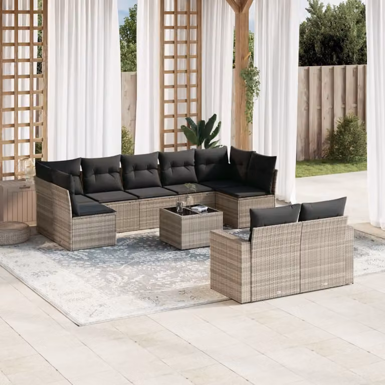vidaXL Set Divano da Giardino a L in Polyrattan Grigio con 10 Pezzi e Cuscini