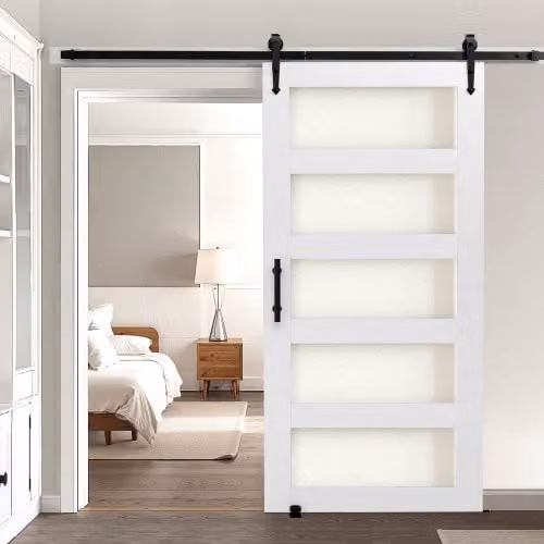 Porta Scorrevole VEVOR in MDF e Vetro Satinato con Kit di Ferramenta e Telaio a H, Bianco, L: 106,7 cm, H: 213,4 cm