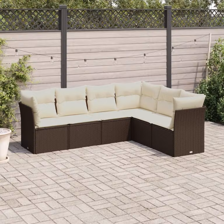 vidaXL Set di Divani da Giardino a L composto da 6 pezzi con Cuscini Marroni e Bianchi in Polyrattan e Acciaio