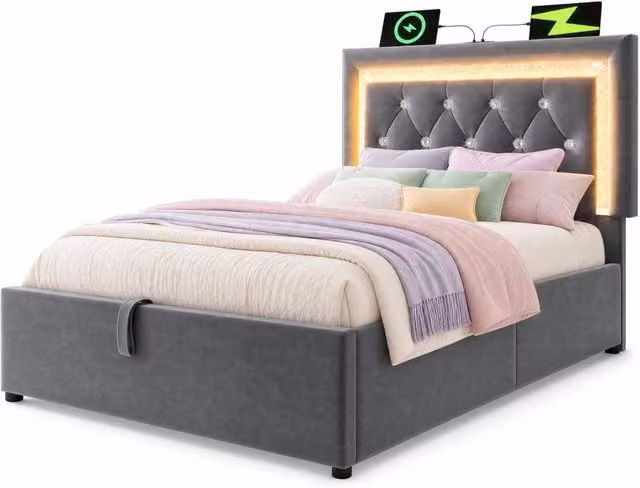 Letto singolo 90x200 cm in velluto con contenitore; LED e USB; grigio