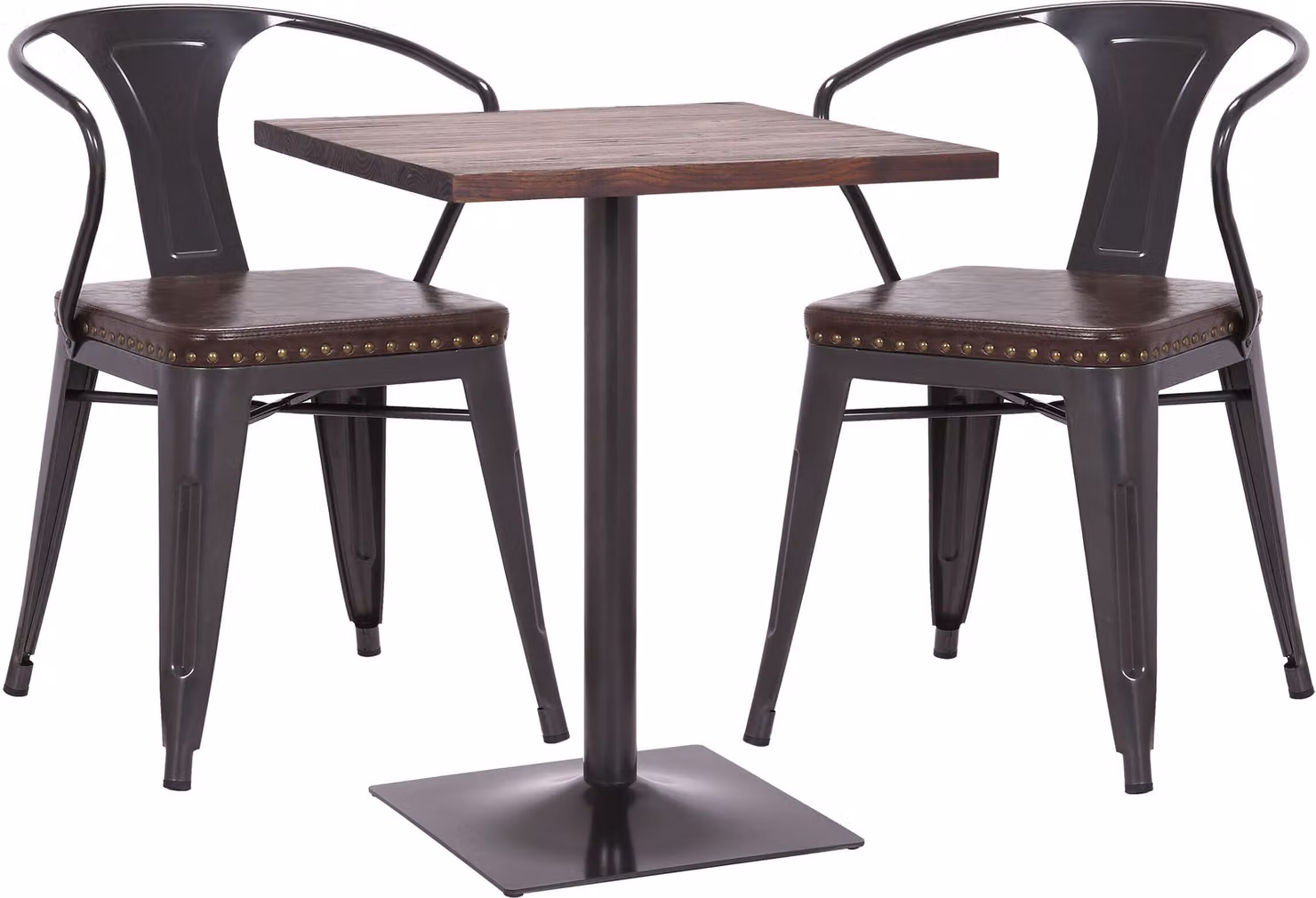 Set tavolo bistrot con 2 sedie da pranzo modello MCW-H10d, sedia e tavolo da cucina/ristorazione modello MVG, colore nero-marrone, tavolo color marrone scuro