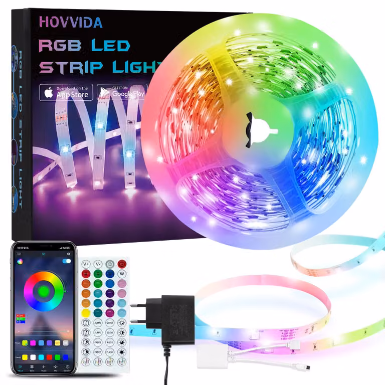 Striscia LED HOVVIDA 5 m, 30 LED/metro, 1x5 m, 150 LED, striscia LED RGB, app e telecomando, modalità musica, modalità temporizzata, LED per camere, soggiorno, cucina, camera da letto, bar, feste 5 m multicolore