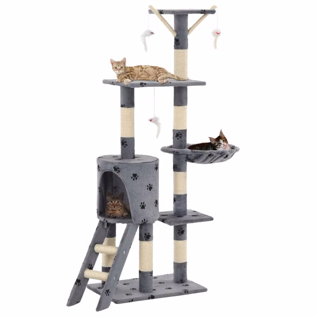 Albero per gatti con tiragraffi in sisal e grotta integrata vidaXL, Grigio con stampa zampe, Altezza: 138 cm