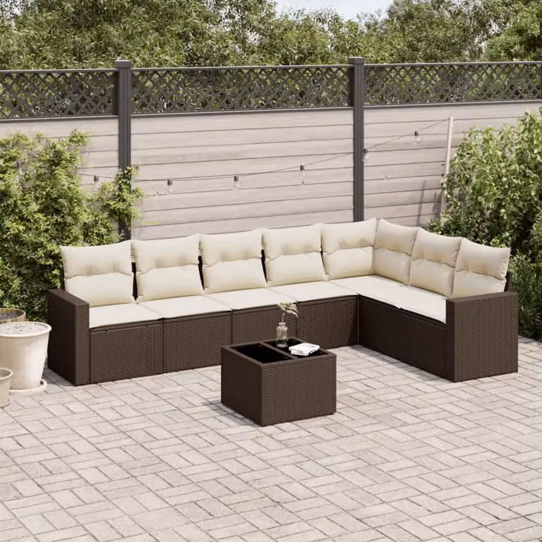 Set di divani da giardino vidaXL 8 pz in polyrattan marrone con cuscini bianchi e tavolino da esterno