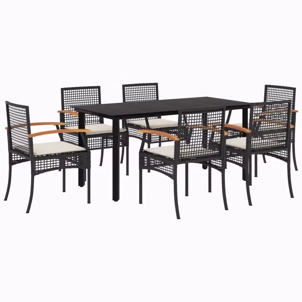 Set da Pranzo da Giardino vidaXL 7 pz in Polyrattan e Legno di Acacia con Piano in Vetro Nero e Bianco – 2