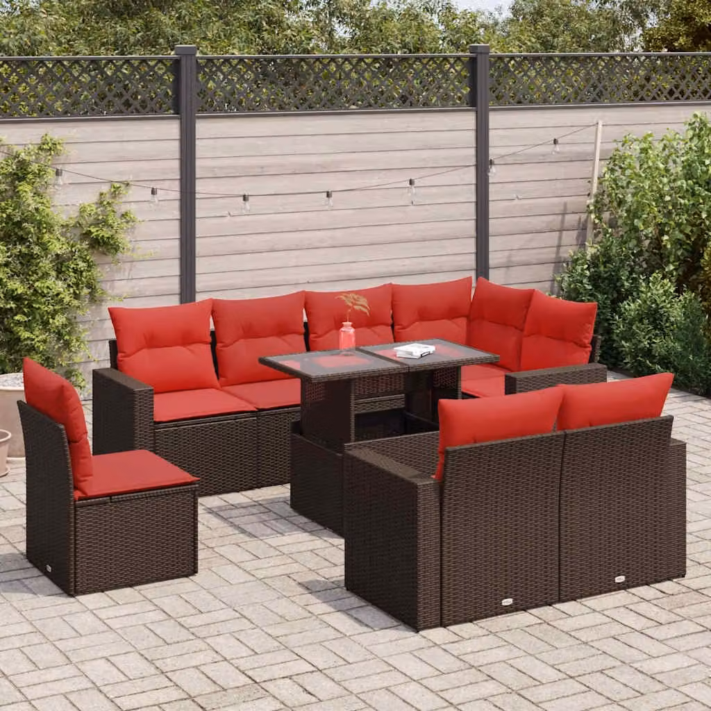 Set di divani da giardino vidaXL a forma di U composto da 9 pezzi con cuscini e tavolino, in polyrattan marrone e acacia con struttura in metallo