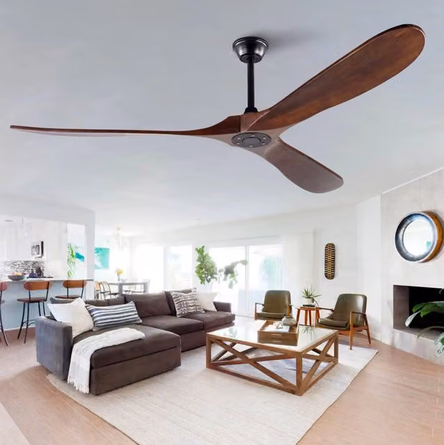 Ventilatore da soffitto in legno 70 pollici senza luce, design Mid-Century in noce, con asta di prolunga, adatto per terrazze e interni