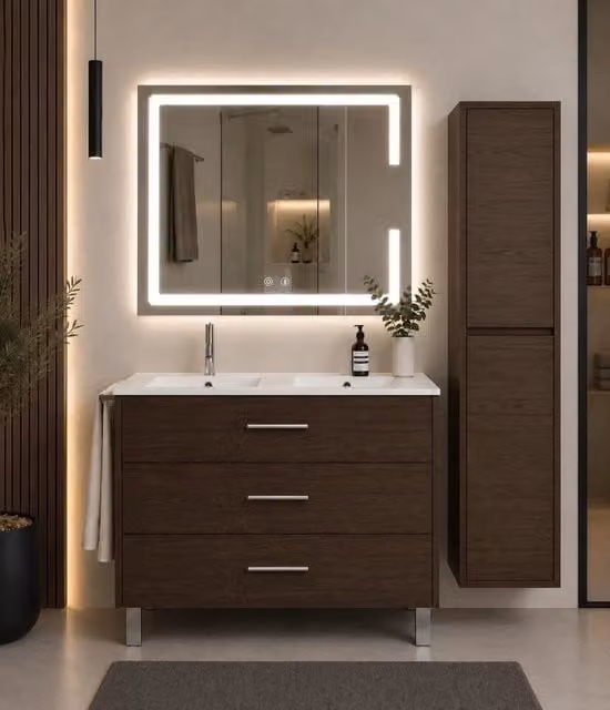 Mobile bagno con lavabo ORIGENBATH RIBERA senza specchio 120x45 cm doppio lavabo frassino tea con colonna