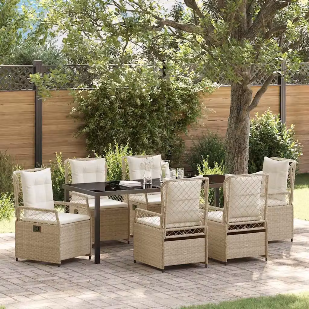 Set da pranzo per giardino e terrazzo vidaXL in 7 pezzi in polyrattan con piano in vetro, colori beige e bianco crema