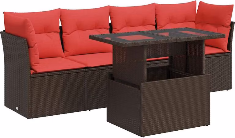 Set Divano da Giardino 5 pz Cuscini Marrone Polyrattan e Acacia