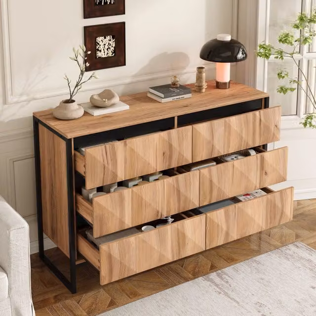 Sideboard WISHDOR in stile industriale con 6 cassetti, colore nero e marrone, struttura in MDF e metallo, L/P/H: 120 x 40 x 80 cm – 1