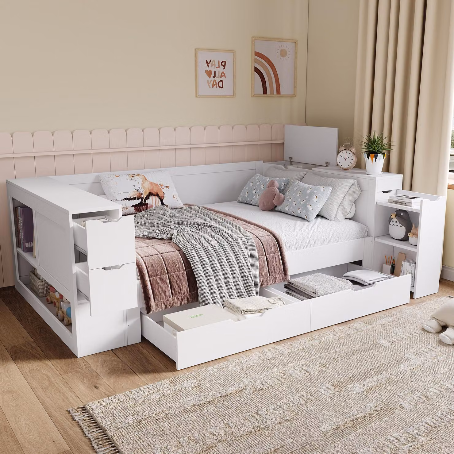 Letto per bambini STILVORA 90x200 con 2 cassetti estraibili e comodini, letto per adolescenti con armadietti a scomparsa, letto contenitore per adolescenti, senza materasso, bianco