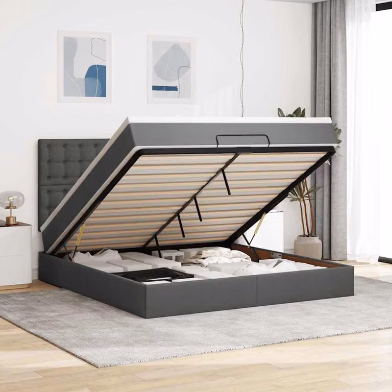 Letto con contenitore a sollevamento vidaXL in tessuto grigio e bianco con materasso, illuminazione sottostante e porta di ricarica USB, L/P/H: 160 x 200 x 28 cm