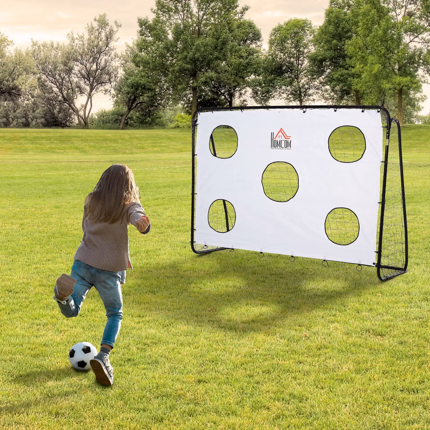 Porta da calcio HOMCOM per adulti e bambini con rete in PE, in metallo e tessuto Oxford, bianco e nero, L 240 x P 88 x H 171.5 cm – 2