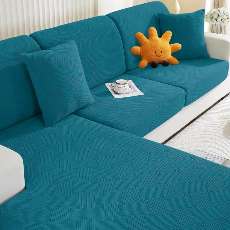 Copertura elasticizzata per cuscini del divano, 2 pezzi: 1 per divano a una piazza e 1 per chaise longue, colore turchese, motivo geometrico