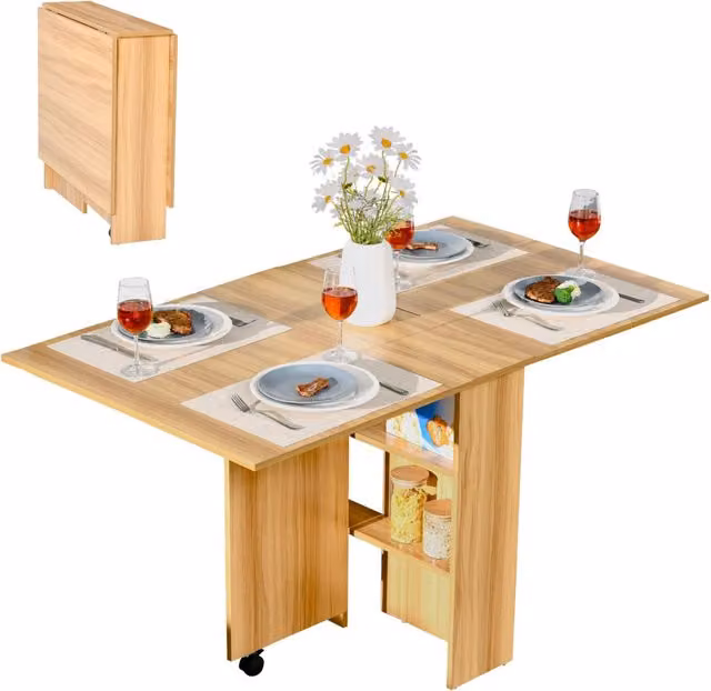 Tavolo Pieghevole Minimal con Ali Abatibili e Ruote in Legno Marrone L: 140 cm, P: 80 cm, H: 74 cm
