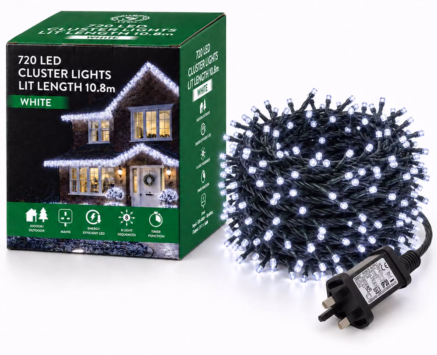 Catena luminosa a LED con effetto cluster, 720 LED, 8 modalità, timer, 20,8 metri, luce bianca fredda, grado di protezione IP44