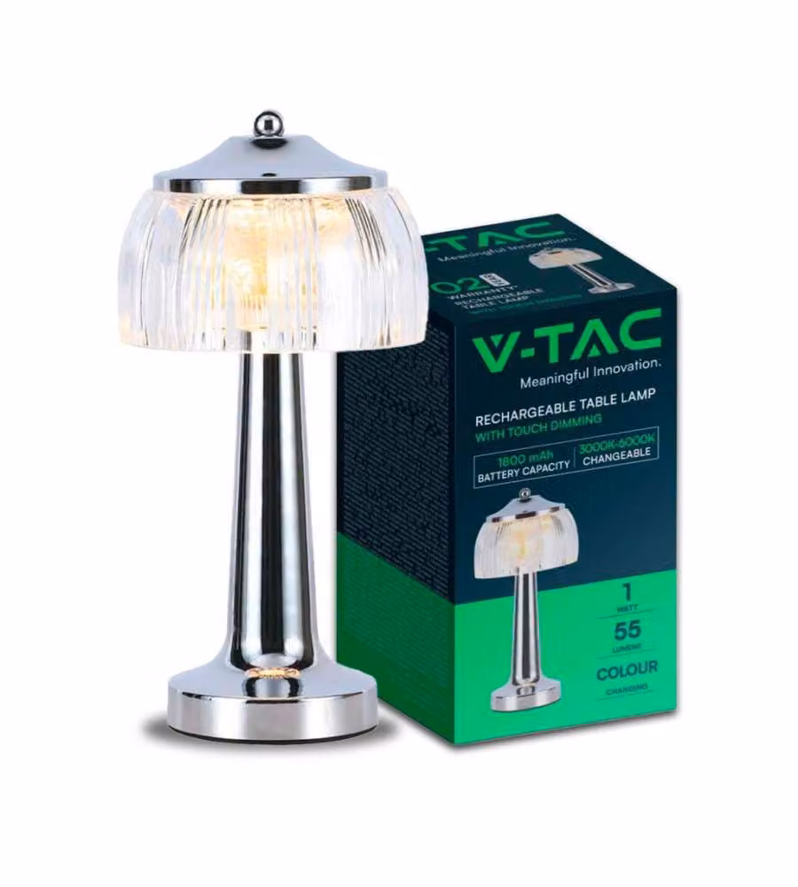 V-TAC Lampada LED da Tavolo 1W 13.5*26.5 Colore Cromo Ricaricabile con USB C Touch Dimmerabile 3in1