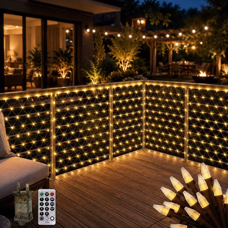 Catena luminosa da esterno di 6 x 2 metri con 300 LED, impermeabile, con telecomando e 8 modalità di illuminazione