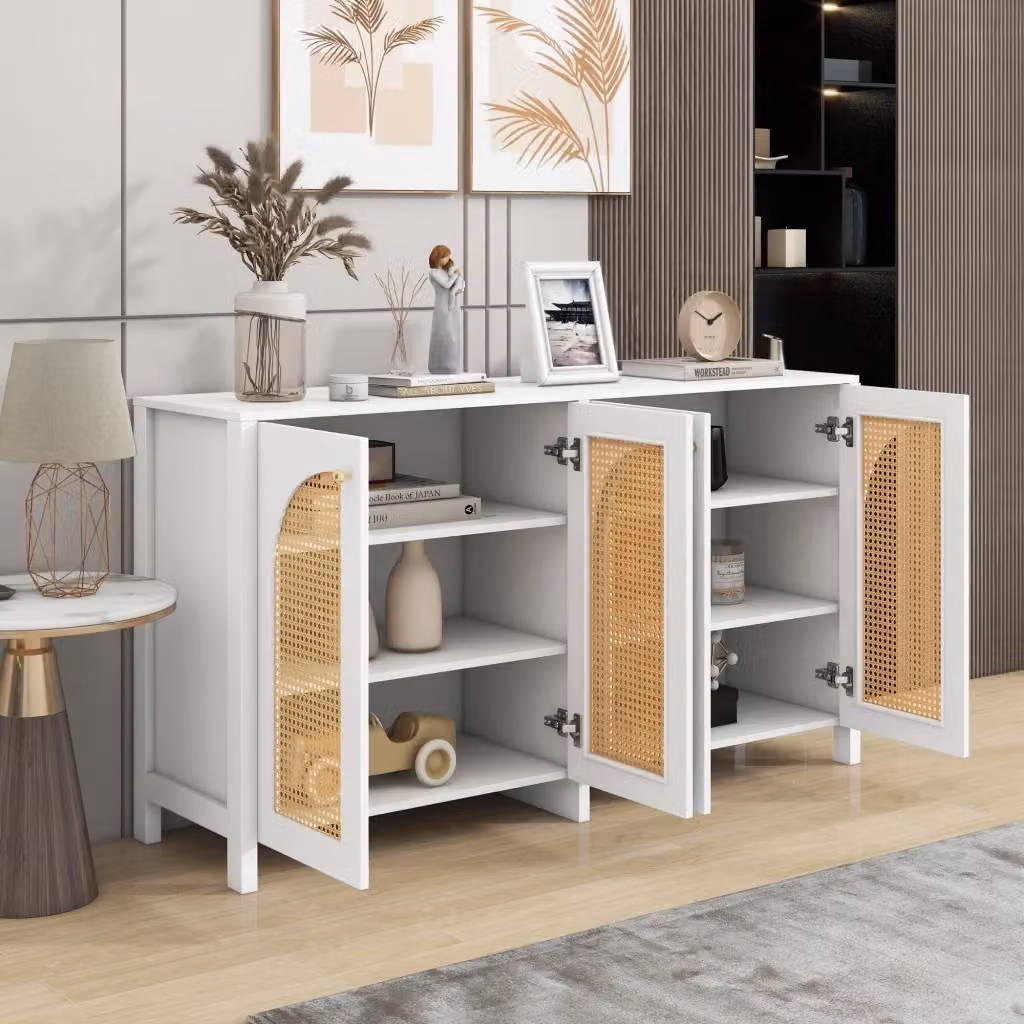 Credenza moderna a 4 ante in MDF con dettagli in rattan sintetico e maniglie in metallo, bianca – 2