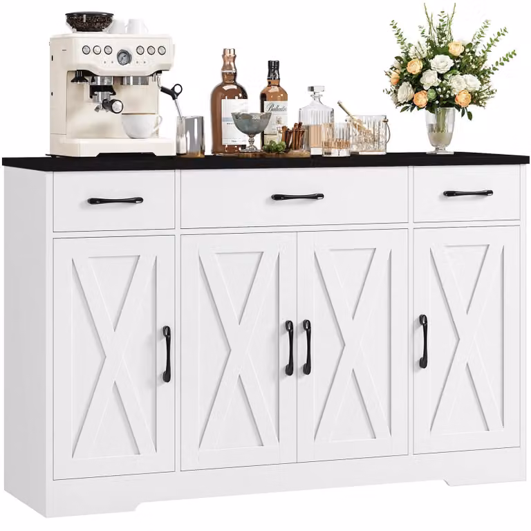 Credenza da cucina - Credenza con 3 cassetti - 4 ante - 2 ripiani regolabili - Larghezza 140 cm - Legno - Multicolore