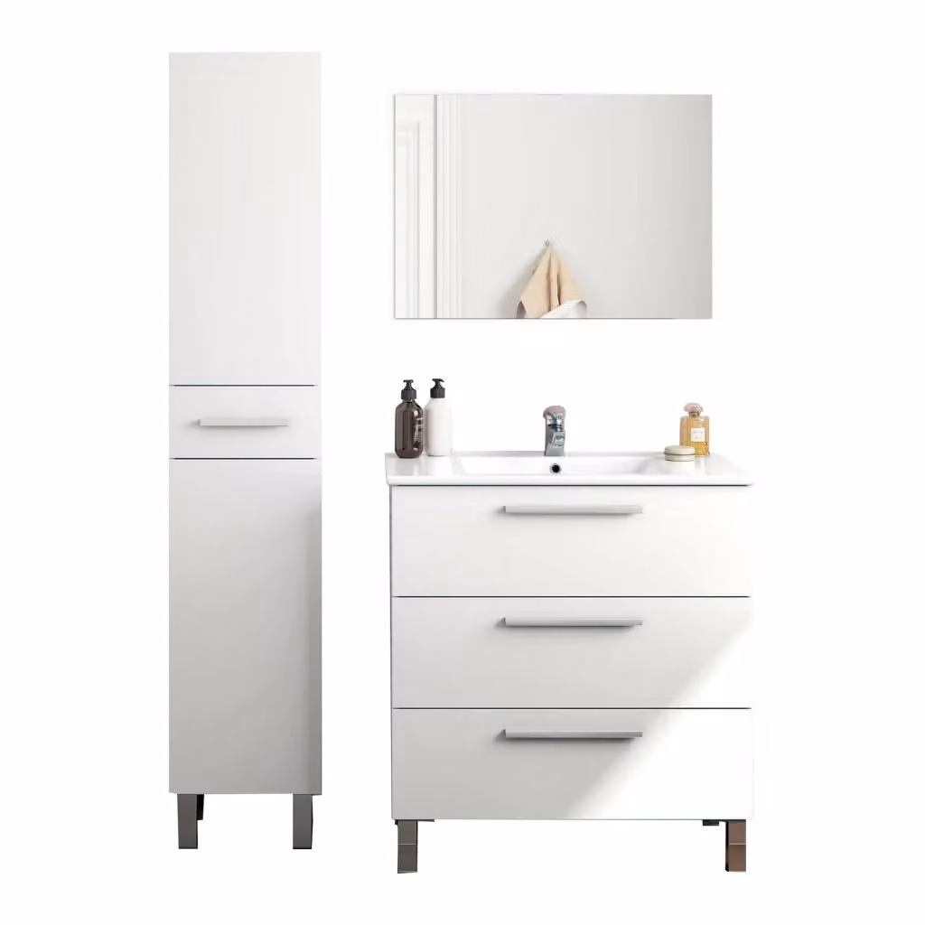 Set Mobili Bagno Moderno DMORA Florinas Bianco Lucido con Mobile Lavabo, Colonna e Specchio – 2
