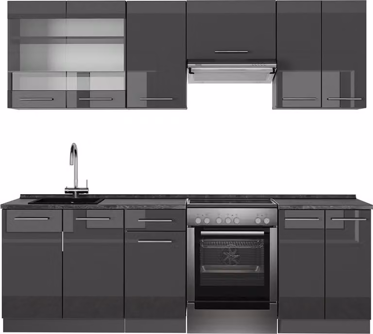 Cucina componibile Vicco Fame-Line Antracite lucido 240 cm senza piano di lavoro, Model 57091