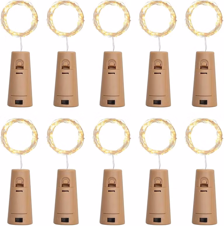 Catena di luci a LED per bottiglie con tappi – Set da 10, ogni catena lunga 2 metri con 20 LED, alimentata a batteria, colore bianco caldo, modello E0399