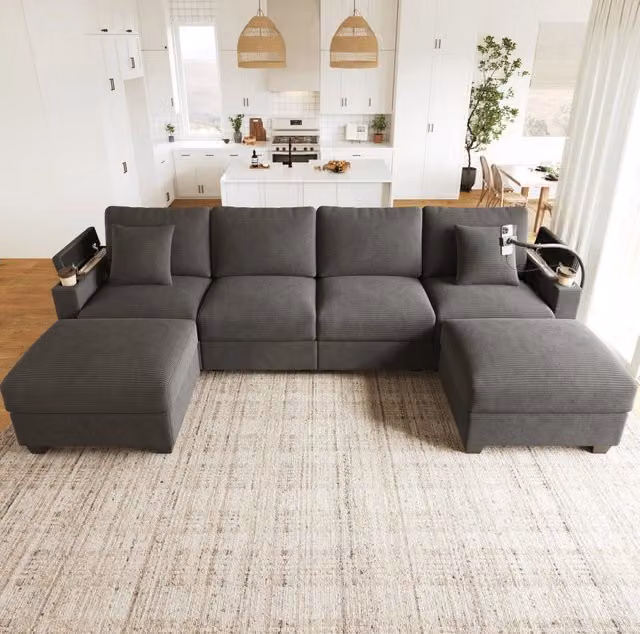 Divano modulare a U con funzione letto; USB e USB-C; velluto a coste grigio; 275;5×139×87 cm
