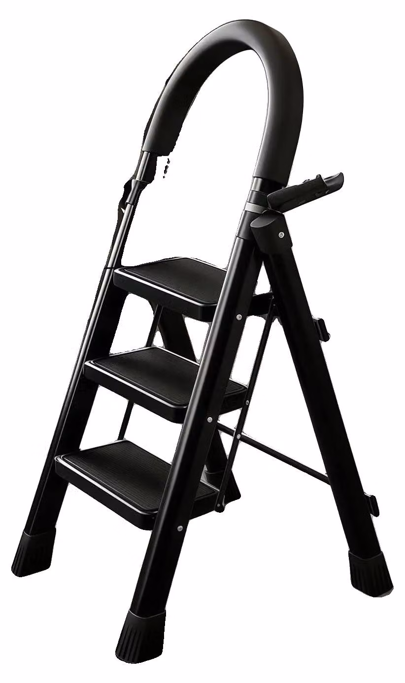 Scala pieghevole, leggera e facile da trasportare, con piedini antiscivolo, colore nero, a tre gradini