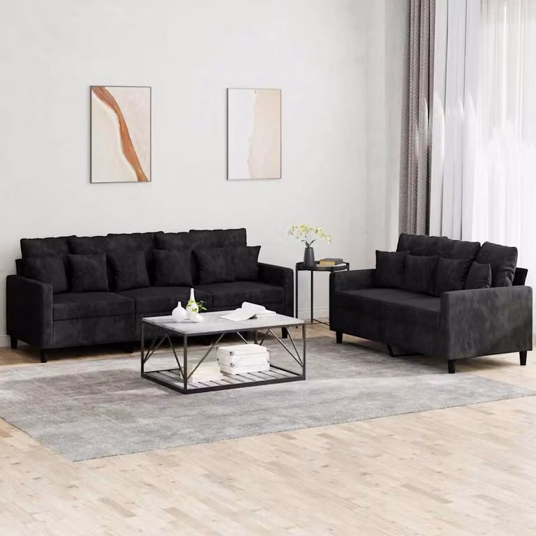 Set di divani vidaXL da 2 pezzi in velluto nero con cuscini per soggiorno moderno