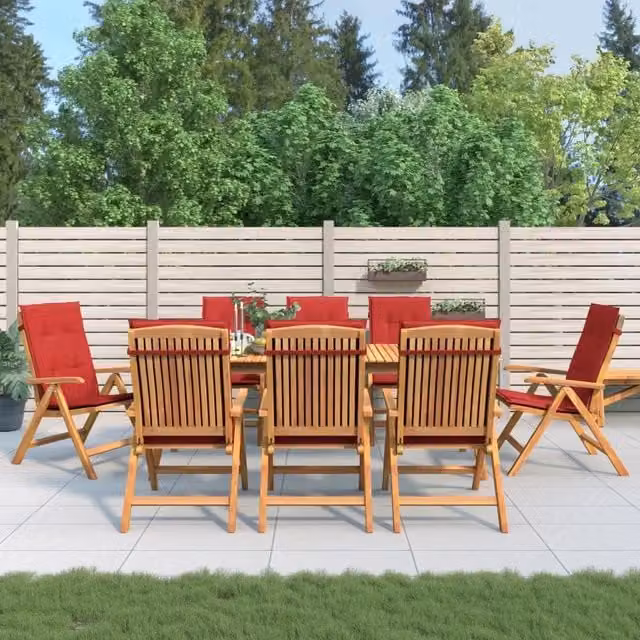 Set di 8 sedie pieghevoli reclinabili vidaXL in legno di teak con cuscini rossi per giardino – 1