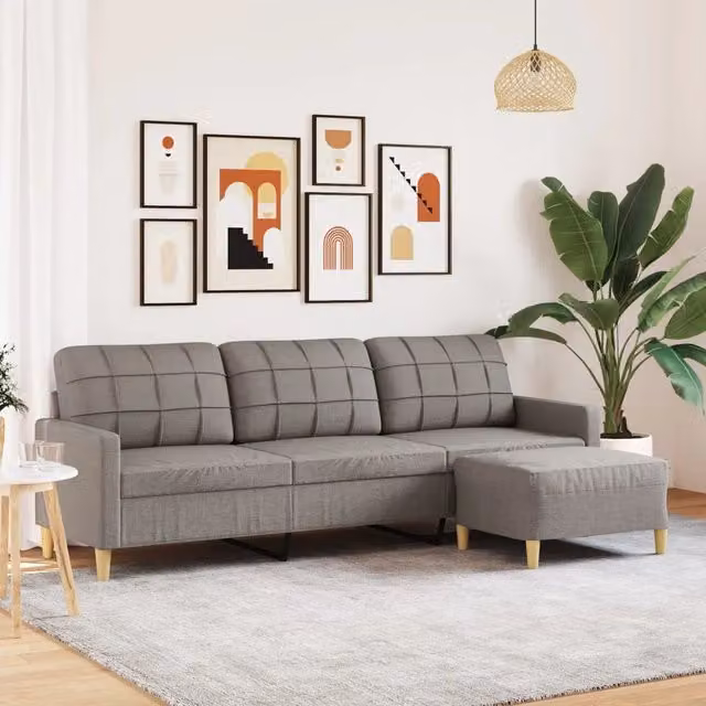 Divano a 3 posti moderno vidaXL con poggiapiedi coordinato in tessuto beige o grigio con struttura in metallo L: 226 cm, P: 80 cm, H: 77 cm – 1