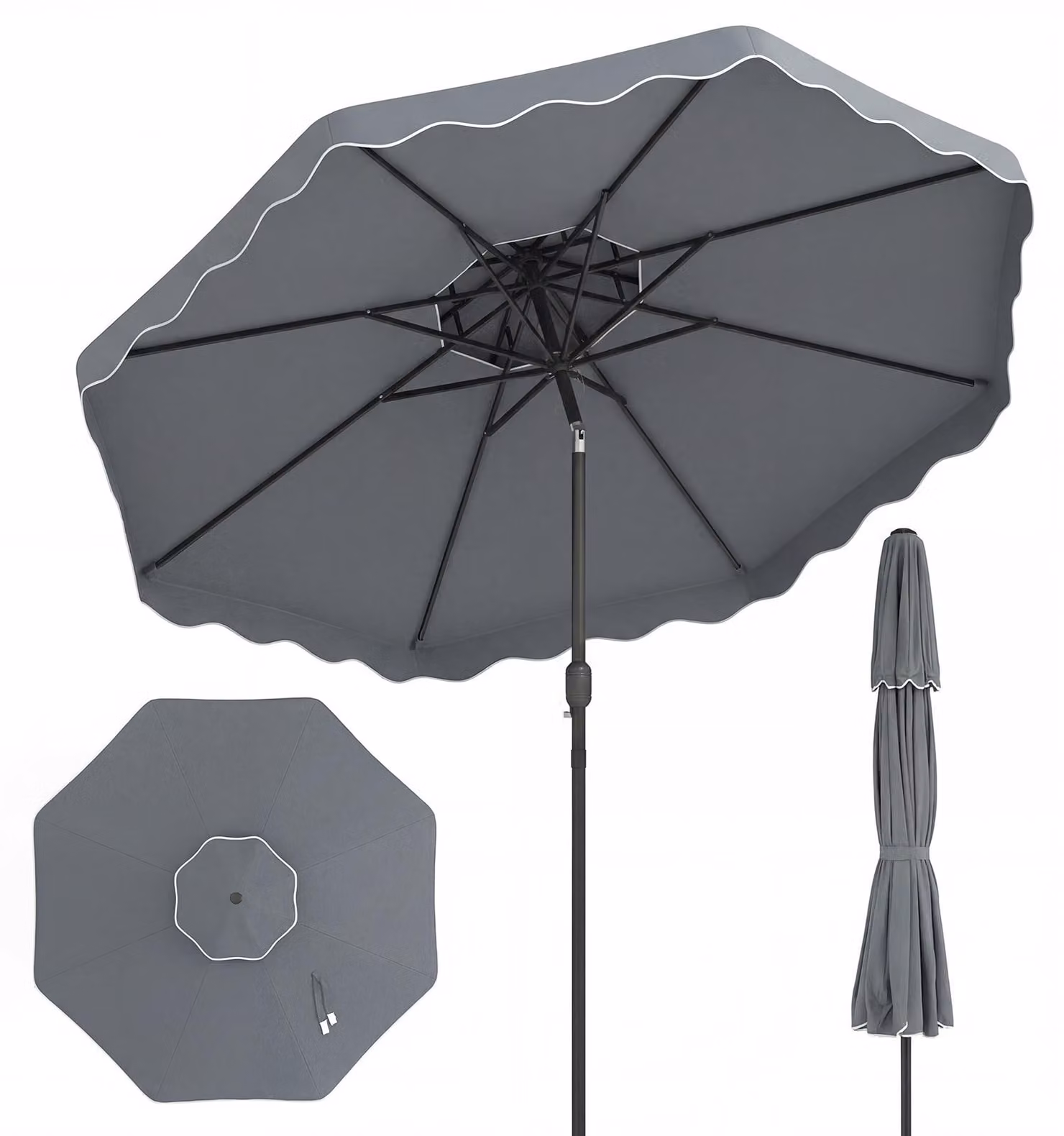 Ombrellone COSTWAY da 300 cm con tetto doppio, ombrellone da giardino con manovella e volantino, ombrellone da mercato inclinabile di 30° su entrambi i lati, ombrellone da terrazzo grigio