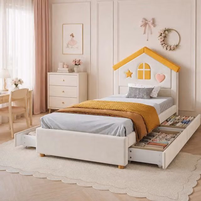 Letto per bambini 90 × 200 cm con 4 cassetti, testiera imbottita a casetta, senza materasso, in velluto beige