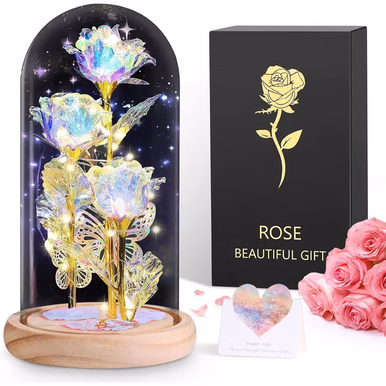 Rosa eterna in vetro con illuminazione a LED, decorazione per comodino, set di 3 rose "Galaxy"