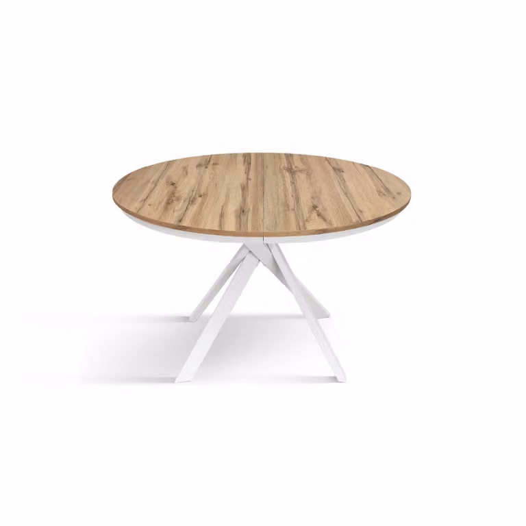 Tavolo rotondo PANTELLERIA in legno effetto rovere rustico con gambe incrociate in metallo bianco, allungabile ⌀120 cm – 170 cm