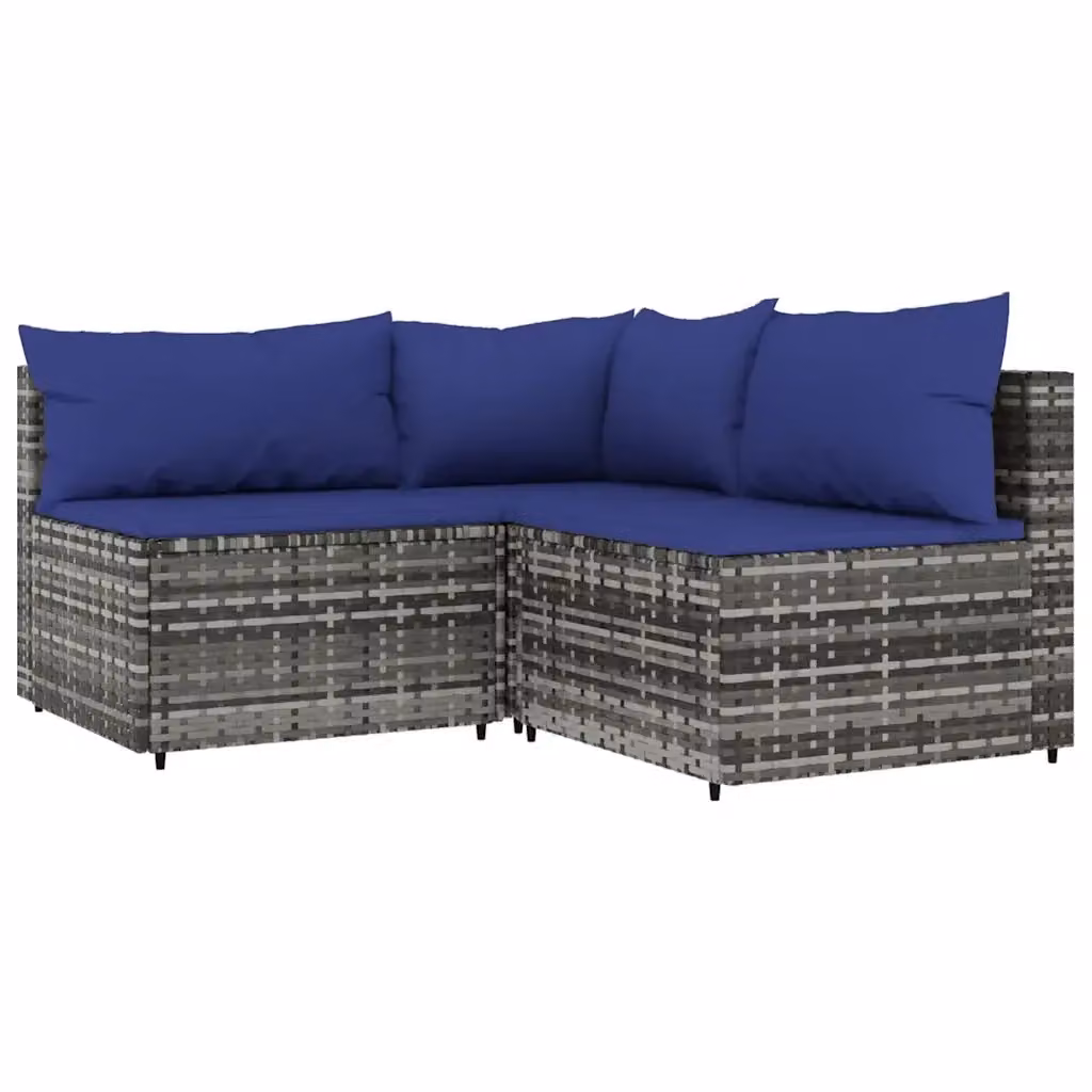 Set di divani da giardino a L vidaXL in rattan con cuscini blu e grigio e struttura in metallo – 2