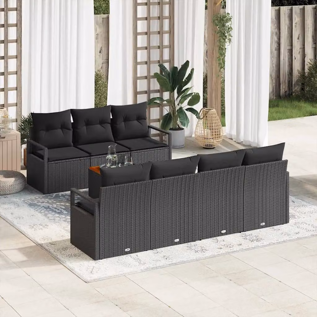 Set Divano da Giardino vidaXL 8 Pezzi in Polyrattan Nero con Cuscini e Tavolino – 1