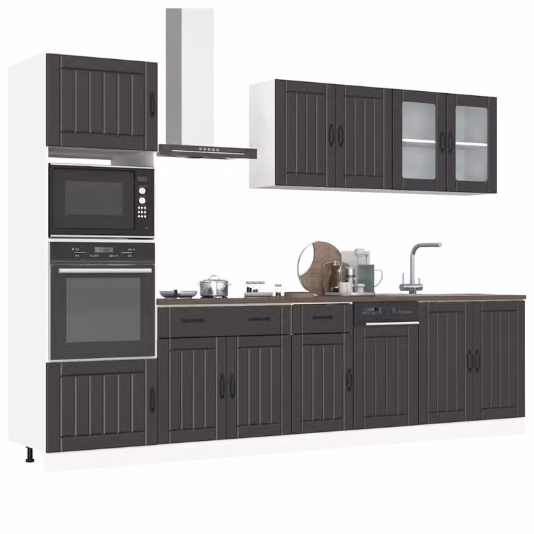 Set di mobili da cucina vidaXL Kalmar composto da 7 pezzi in legno multistrato e vetro, colore nero opaco, design moderno con ante in vetro