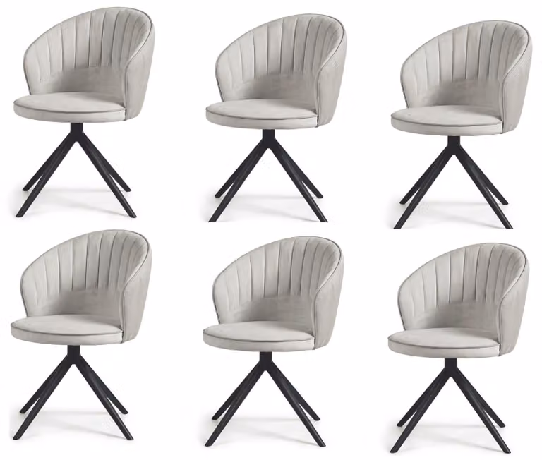 Set di 6 sedie girevoli da pranzo, colore grigio chiaro, tessuto, design a coste