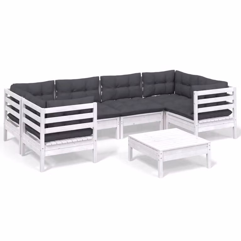 Set Divani da Giardino 7 pz con Cuscini Bianchi Legno di Pino